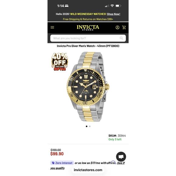 Invicta Pro Diver Men\'s Watch - 43mm, Steel, Gold(30944)-NEW IN BOX